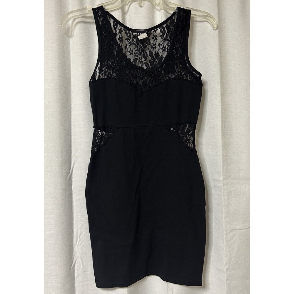 Wet Seal Womens Y2K Black Tank Bodycon Dress Lace Trim S Witchy Goth